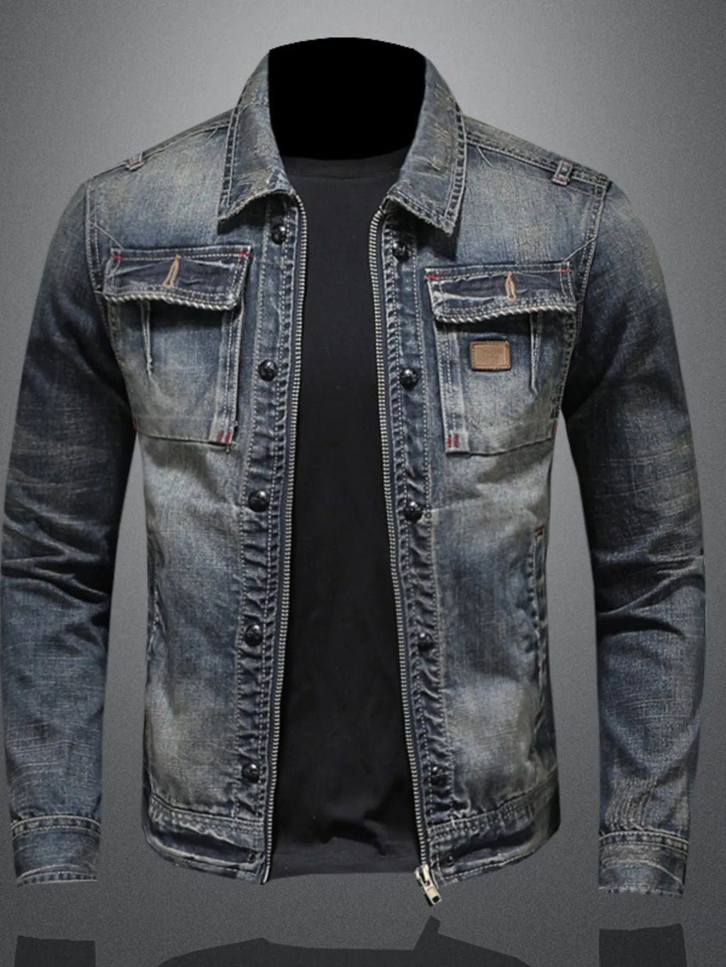 Men's Plus Size Washed Zip Up Denim Jacket with Chest Pockets - Men's jackets by Trendsi | Available at Handbags Specialist Headquarter