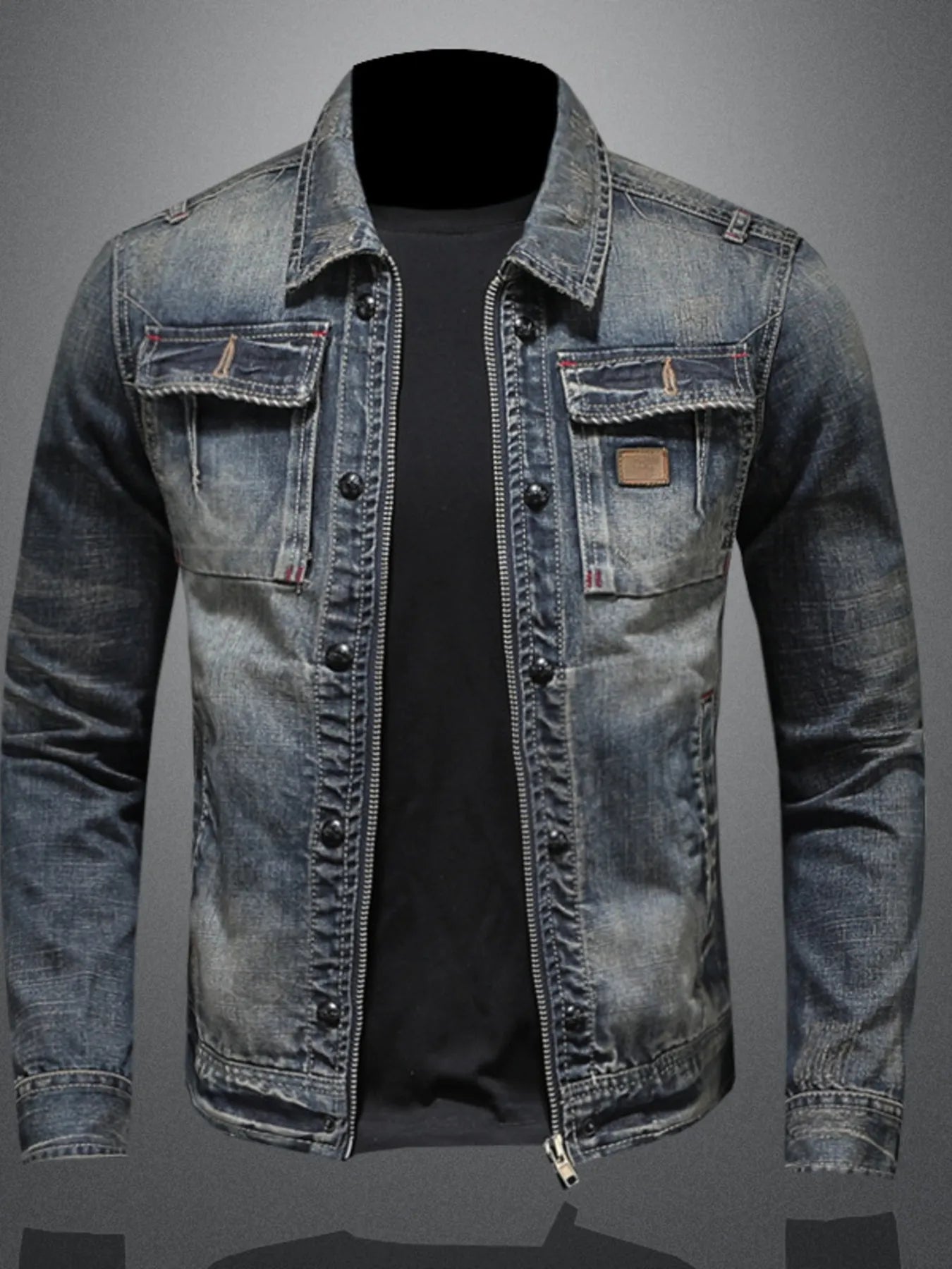 Men's Plus Size Washed Zip Up Denim Jacket with Chest Pockets - Men's jackets by Trendsi | Available at Handbags Specialist Headquarter