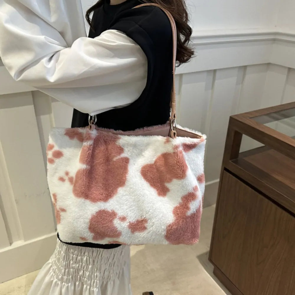 Cow Print Furry Tote Bag - Tote Bag by Trendsi | Available at Handbags Specialist Headquarter