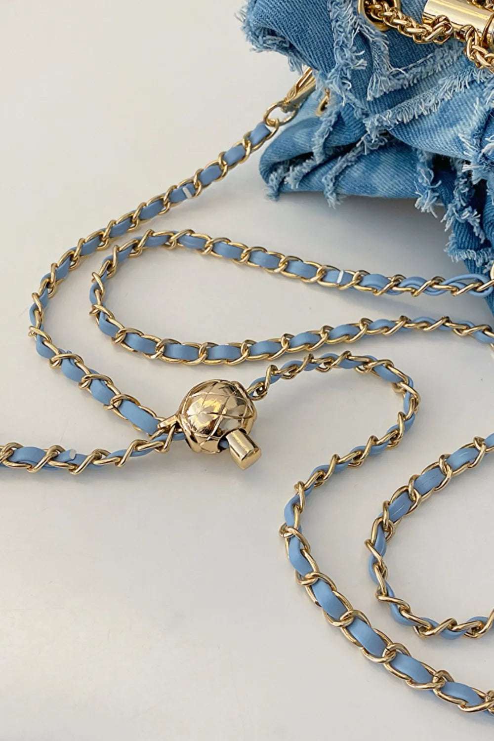 Chain Drawstring Raw Edge Denim Bucket Bag - Crossbody Bag by Trendsi | Available at Handbags Specialist Headquarter