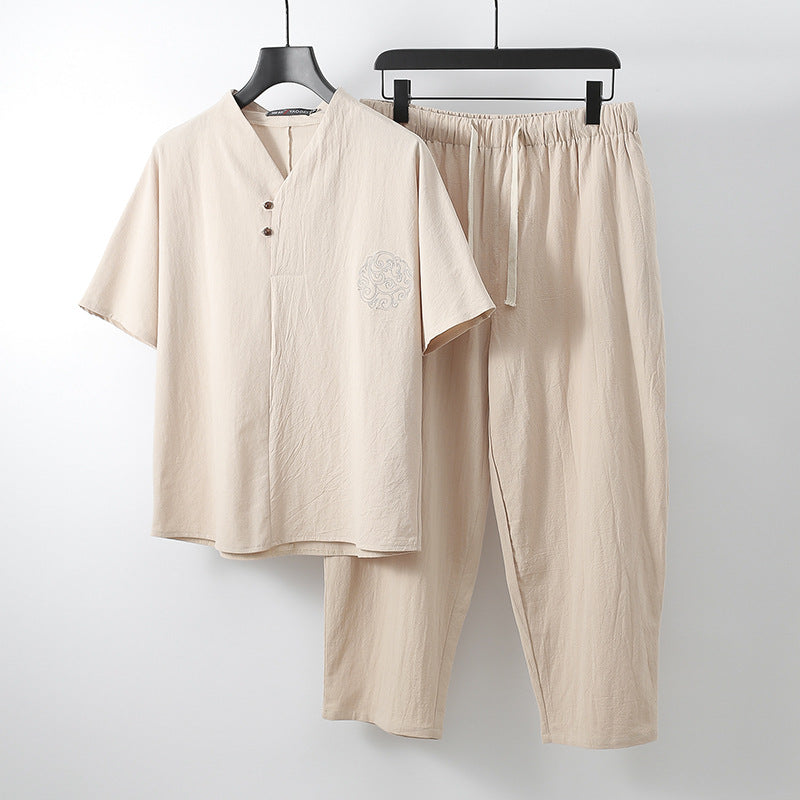 Ninth Pants Slim Korean Style Men's Casual Cotton And Linen Two-piece Set