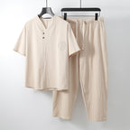 Ninth Pants Slim Korean Style Men's Casual Cotton And Linen Two-piece Set