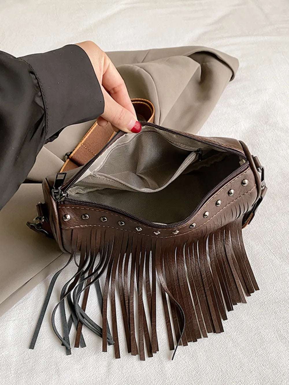 PU Leather Fringe Studded Crossbody Bag - Crossbody Bag by Trendsi | Available at Handbags Specialist Headquarter