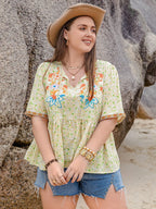 Plus Size Printed Tie Neck Half Sleeve Blouse - Plus Size Shirts by Trendsi | Available at Handbags Specialist Headquarter