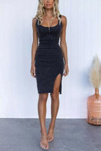 Side Slit Washed Scoop Neck Denim Dress - Women / Jeans & Denim by Trendsi | Available at Handbags Specialist Headquarter