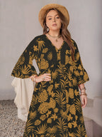 Plus Size Lace Detail Tropical Print Three-Quarter Sleeve Maxi Dress - Dresses by Trendsi | Available at Handbags Specialist Headquarter
