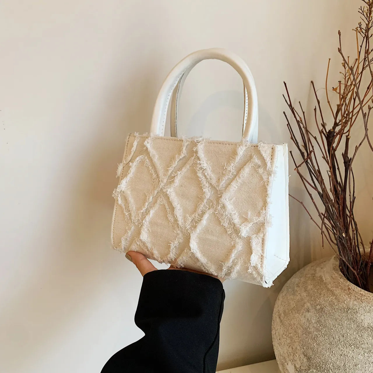 Diamond Pattern Fringe Edge Tote Bag - Tote Bag by Trendsi | Available at Handbags Specialist Headquarter