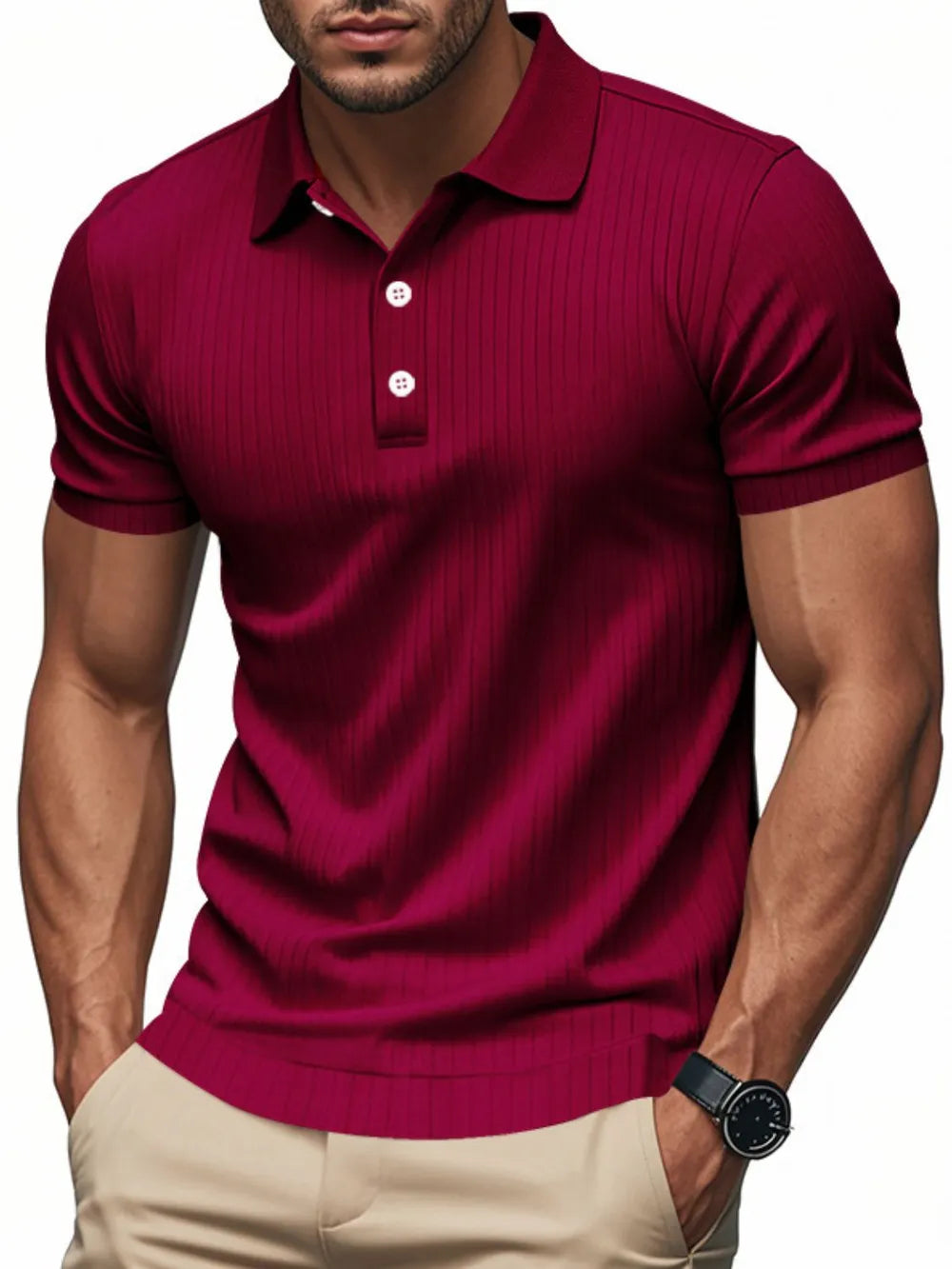 Men's Full Size Ribbed Short Sleeve Polo Plus Size - Men's Polo shirt by Trendsi | Available at Handbags Specialist Headquarter