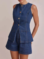Button Down Vest and Shorts Denim Set - Women / Jeans & Denim by Trendsi | Available at Handbags Specialist Headquarter