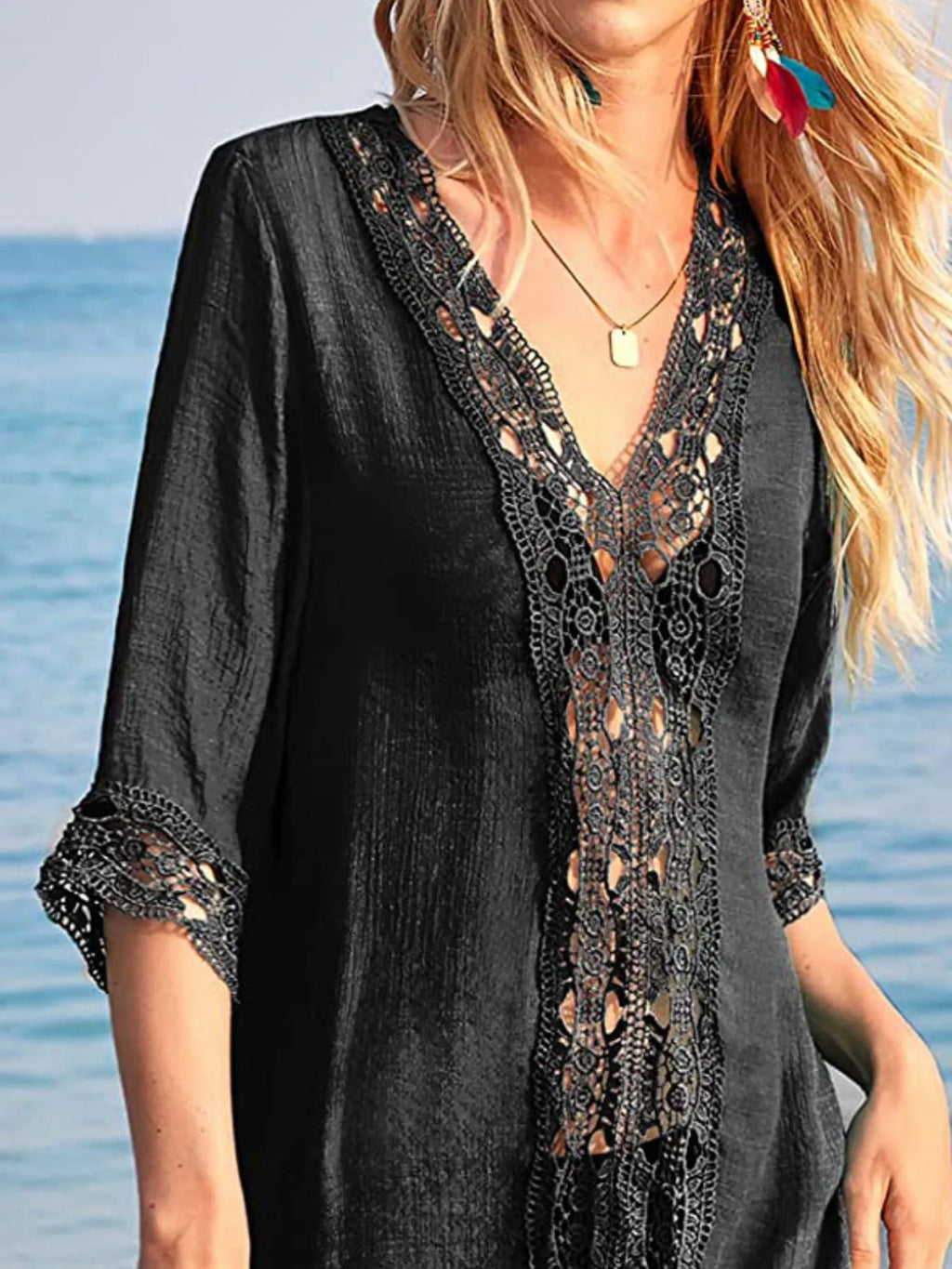Lace Trim V-Neck Cover-Up - Tops by Trendsi | Available at Handbags Specialist Headquarter