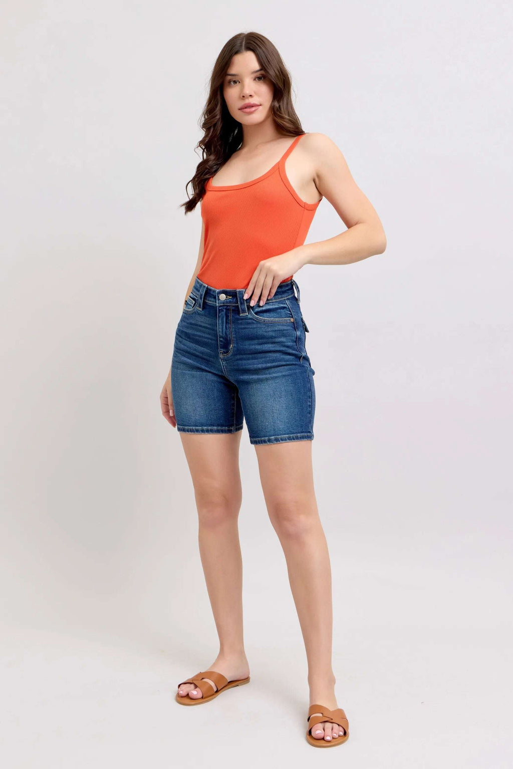 Judy Blue Full Size High Waist Bermudas Jeans W/ Back Flap Pockets Plus Size - Women / Jeans & Denim by Trendsi | Available at Handbags Specialist Headquarter