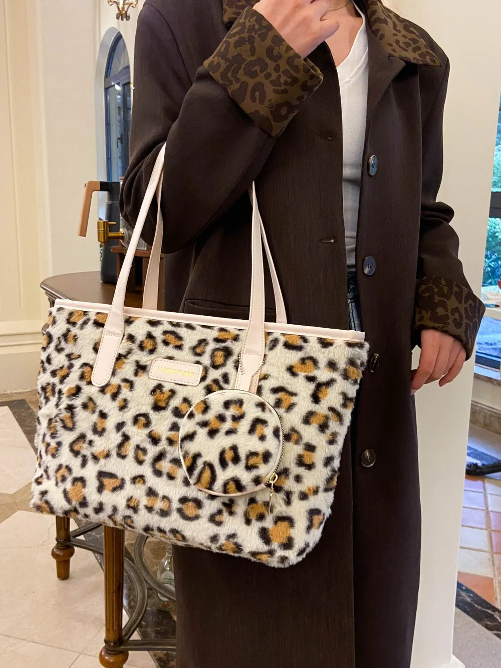 Leopard Faux Fur Tote Bag with Coin Purse - Tote Bag by Trendsi | Available at Handbags Specialist Headquarter