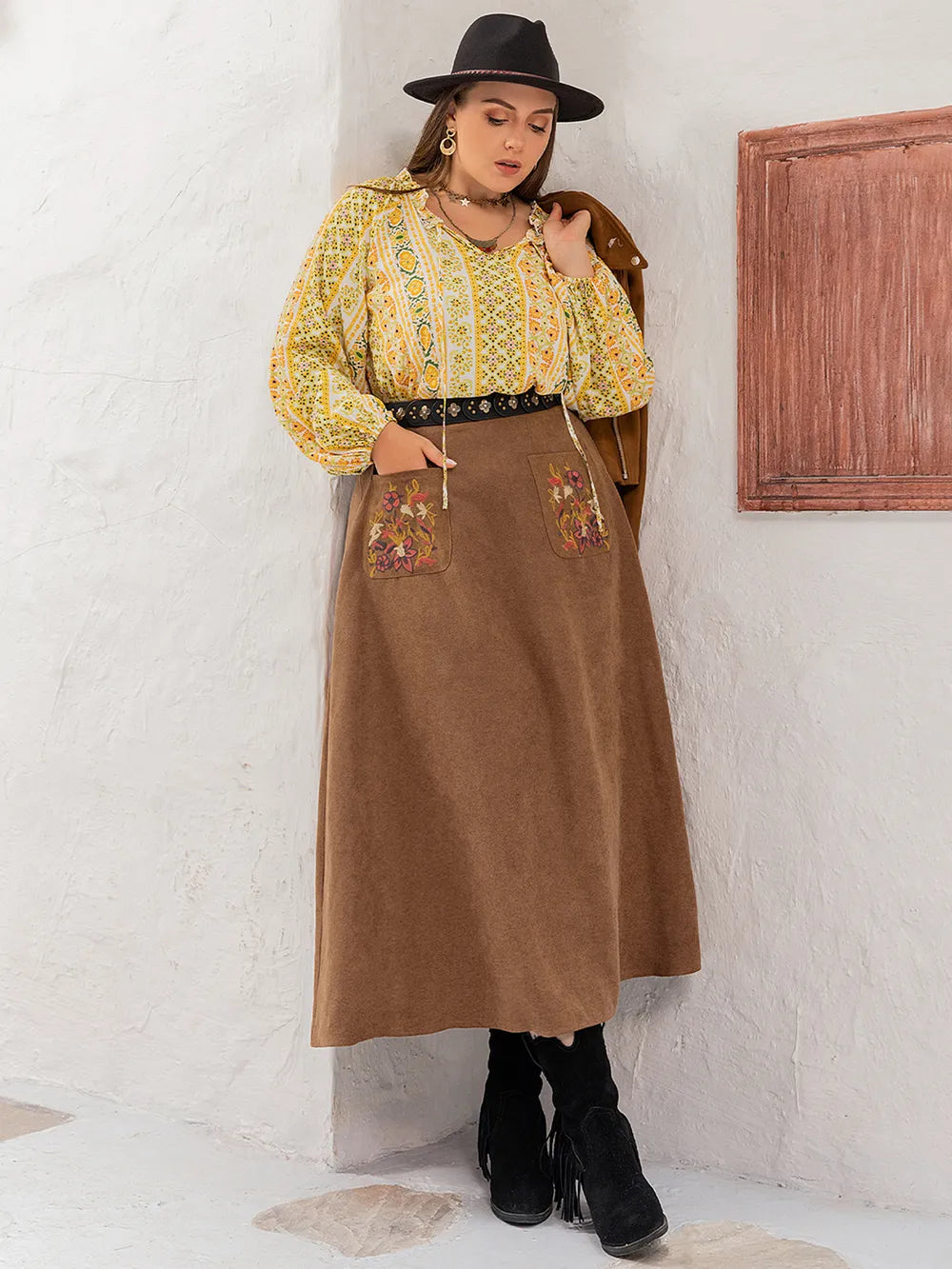Plus Size Embroidered Pocketed High Waist Skirt -  by Trendsi | Available at Handbags Specialist Headquarter