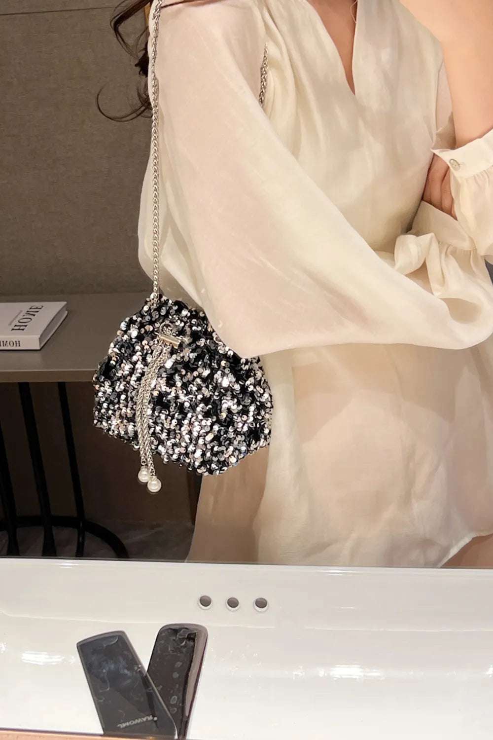 Sequin Chain Drawstring Bucket Bag - Crossbody Bag by Trendsi | Available at Handbags Specialist Headquarter