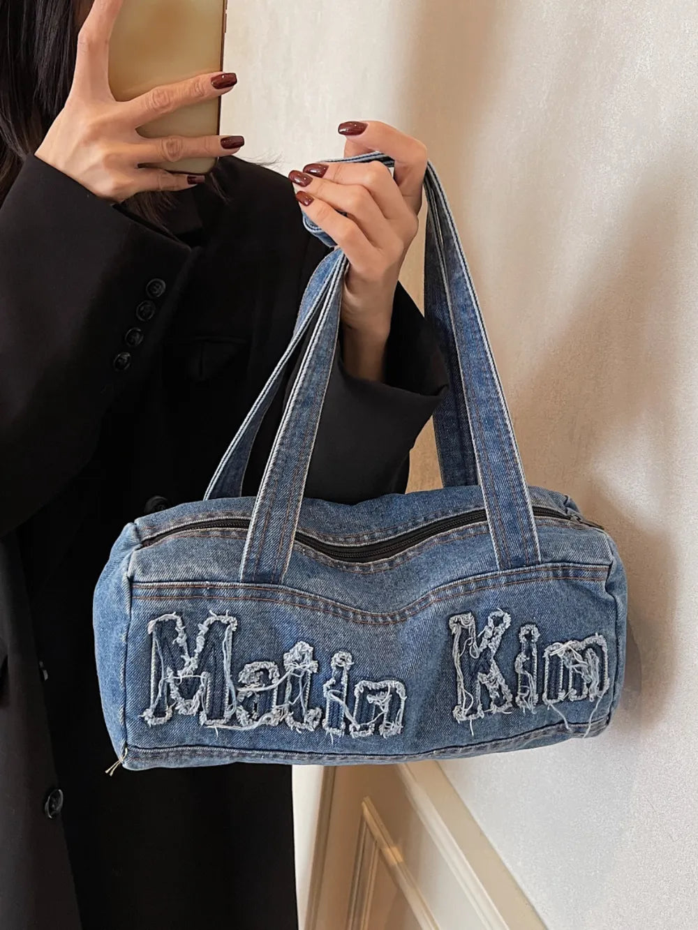 Letter Raw Edge Denim Handbag - Tote Bag by Trendsi | Available at Handbags Specialist Headquarter