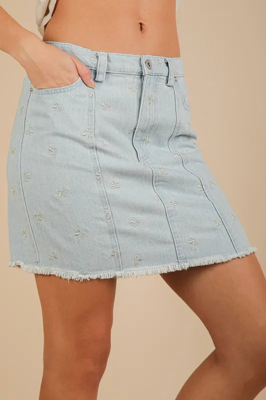 VERY J Bow Printed Casual Denim Mini Skirt - Women / Jeans & Denim by Trendsi | Available at Handbags Specialist Headquarter