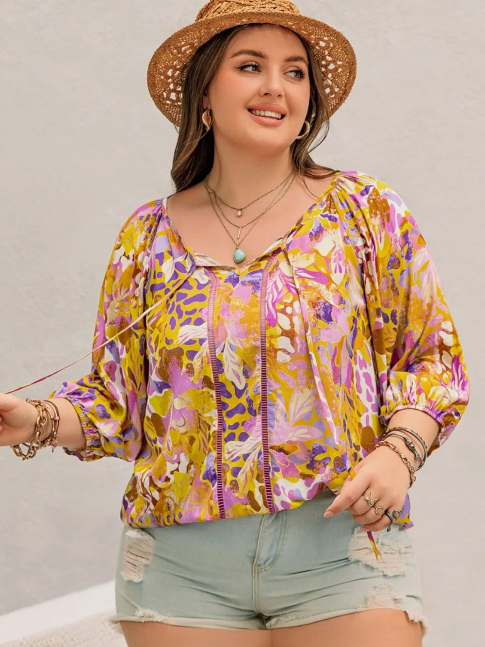 Plus Size Printed Tie Neck Blouse - Plus Size Shirts by Trendsi | Available at Handbags Specialist Headquarter