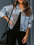 Distressed Leopard Drop Shoulder Denim Jacket - Women / Jeans & Denim by Trendsi | Available at Handbags Specialist Headquarter