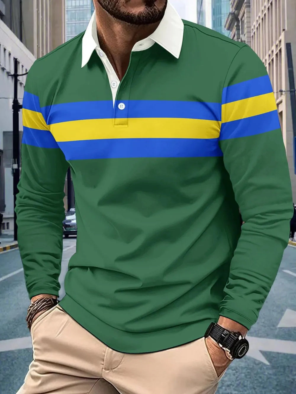 Men's Full Size Collared Contrast Striped Polo Plus Size - Men's Polo shirt by Trendsi | Available at Handbags Specialist Headquarter