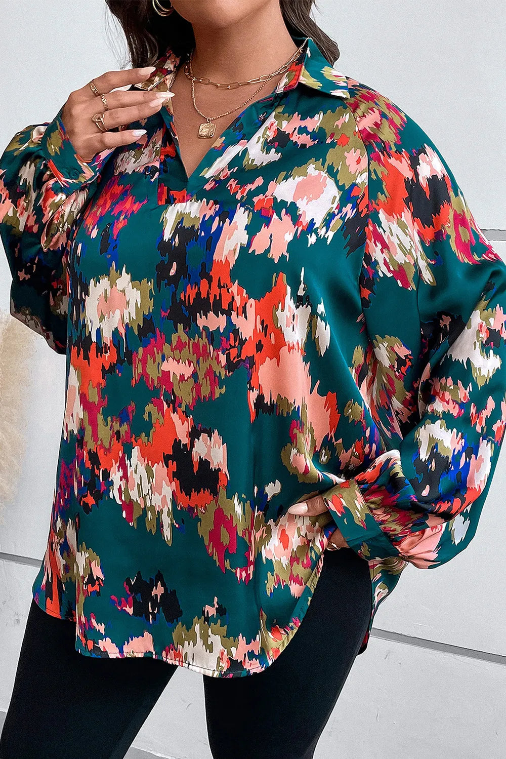 Plus Size Printed Johnny Collar Long Sleeve Blouse - Plus Size Shirts by Trendsi | Available at Handbags Specialist Headquarter