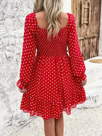 Smocked Polka Dot Long Sleeve Dress - Dresses by Trendsi | Available at Handbags Specialist Headquarter