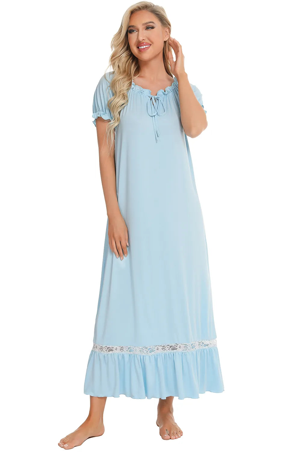 Lace Detail Short Sleeve Lounge Dress - Sleepwear by Trendsi | Available at Handbags Specialist Headquarter