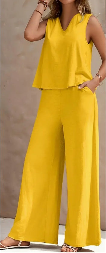 Summer Vibe: V-Neck Tank & Wide Leg Pants Set