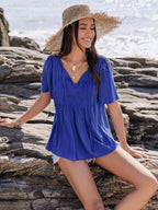 Lace Detail Tie Neck Short Sleeve Top - Tops by Trendsi | Available at Handbags Specialist Headquarter