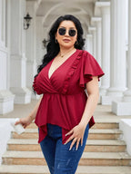 Plus Size Frill Surplice Flutter Sleeve Blouse - Plus Size Shirts by Trendsi | Available at Handbags Specialist Headquarter