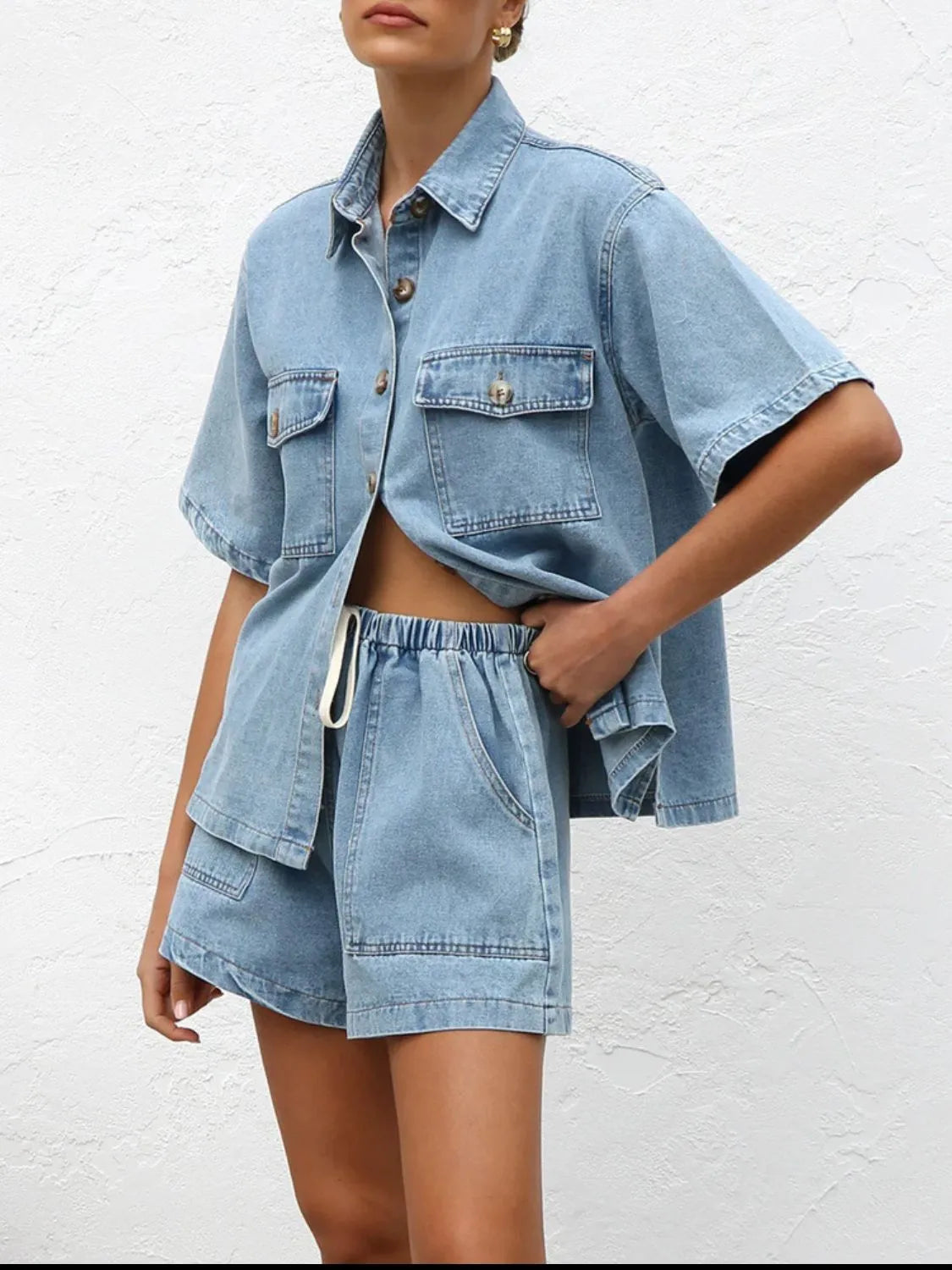 Button Up Short Sleeve Top and Shorts Denim Set - Women / Jeans & Denim by Trendsi | Available at Handbags Specialist Headquarter
