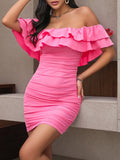 Off-Shoulder Ruffle Bodycon Dress - Maxi Dress by Trendsi | Available at Handbags Specialist Headquarter