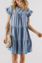 Ruffle Cap Sleeve Tiered A-line Denim Dress - Women / Jeans & Denim by Trendsi | Available at Handbags Specialist Headquarter
