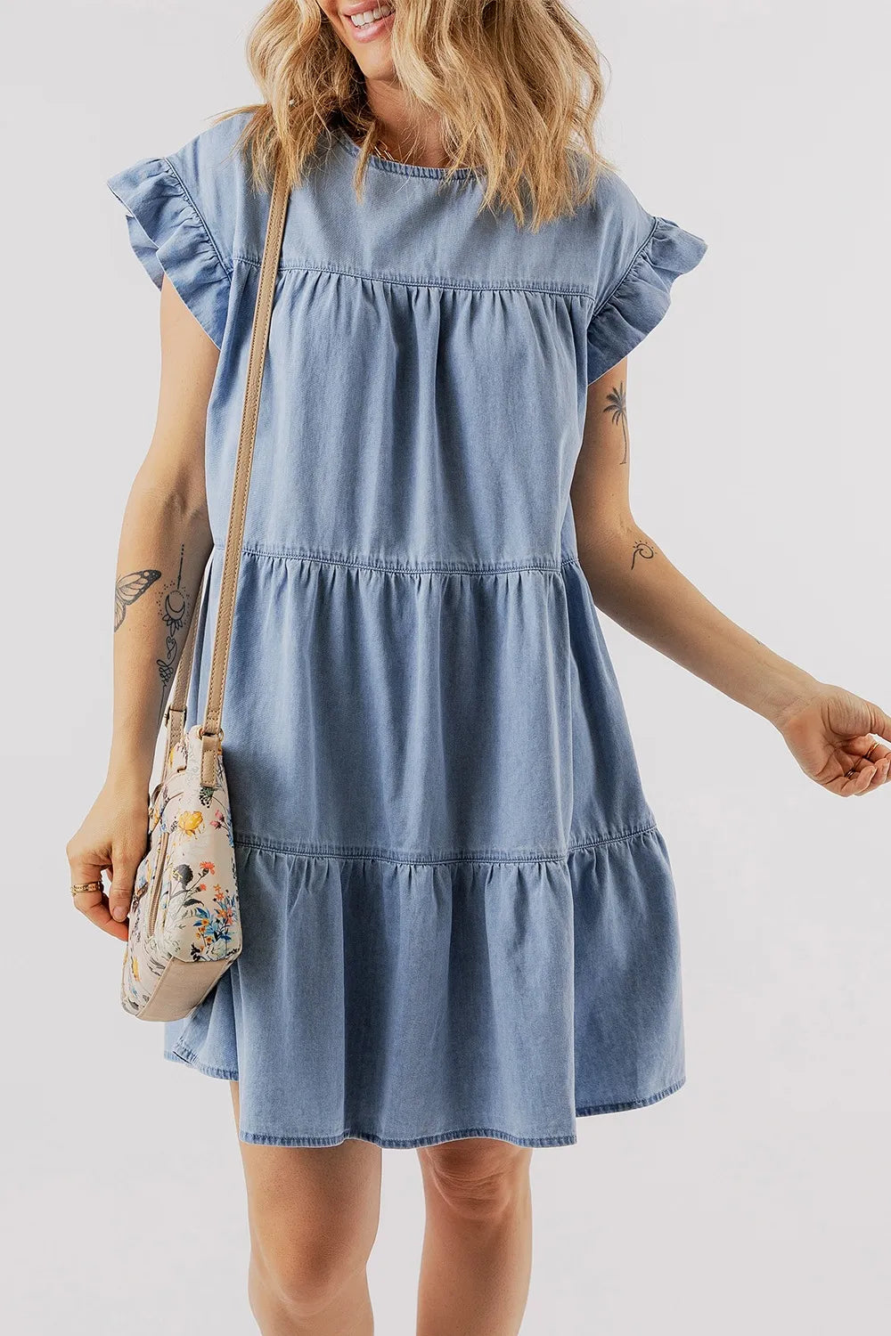Ruffle Cap Sleeve Tiered A-line Denim Dress - Women / Jeans & Denim by Trendsi | Available at Handbags Specialist Headquarter