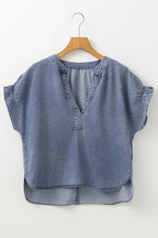 V Neck Ruffled Short Puff Sleeve Denim Top - Women / Jeans & Denim by Trendsi | Available at Handbags Specialist Headquarter