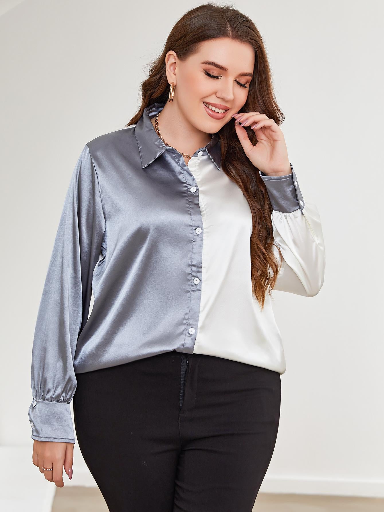 Plus Size Two-Tone Long Sleeve Shirt - Plus Size Shirts by Trendsi | Available at Handbags Specialist Headquarter