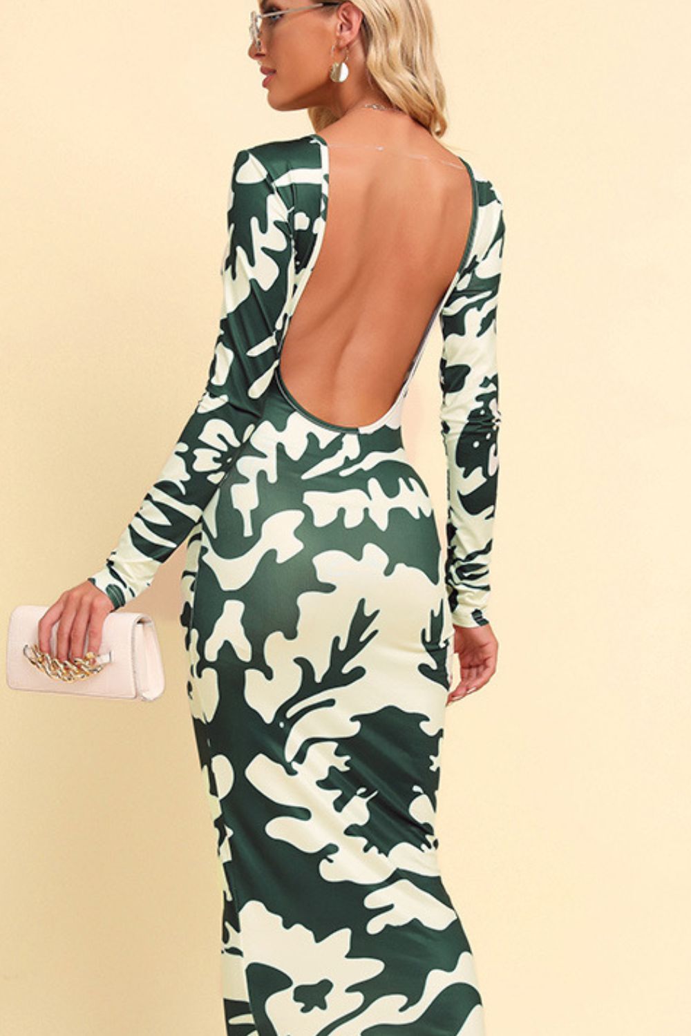 Printed Backless Long Sleeve Maxi Dress - Maxi Dress by Trendsi | Available at Handbags Specialist Headquarter