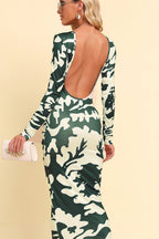 Printed Backless Long Sleeve Maxi Dress - Maxi Dress by Trendsi | Available at Handbags Specialist Headquarter