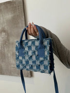 Raw Hem Checkered Denim Handbag - Tote Bag by Trendsi | Available at Handbags Specialist Headquarter
