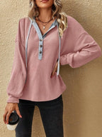 Drawstring Waffle Knit Hoodie - Tops by Trendsi | Available at Handbags Specialist Headquarter