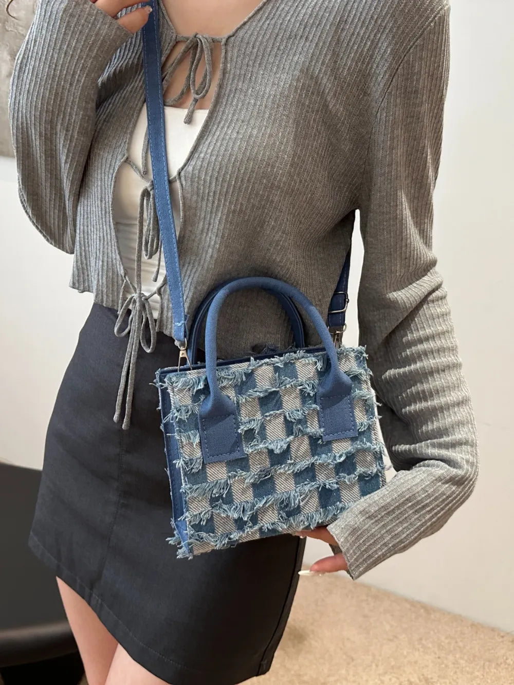 Raw Hem Checkered Denim Handbag - Tote Bag by Trendsi | Available at Handbags Specialist Headquarter