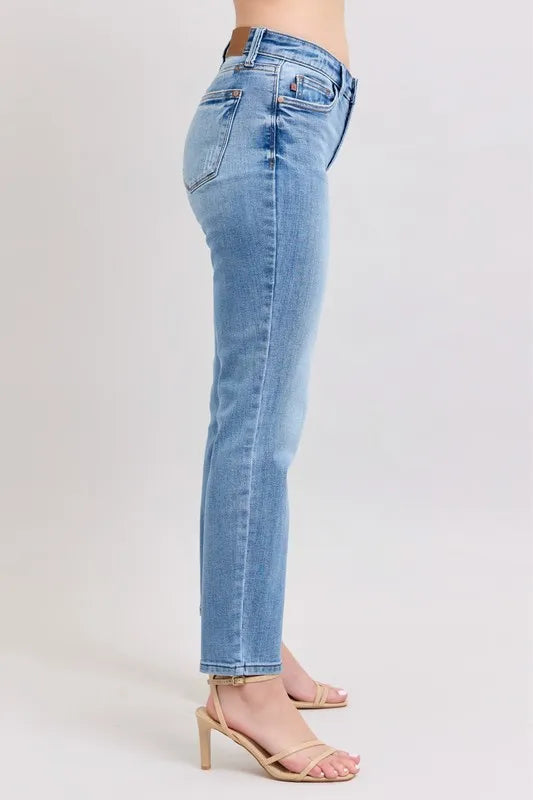 Judy Blue Full Size Mid Rise Vintage Wash Slim Jeans with Cell Phone Pocket Plus Size - Women / Jeans & Denim by Trendsi | Available at Handbags Specialist Headquarter