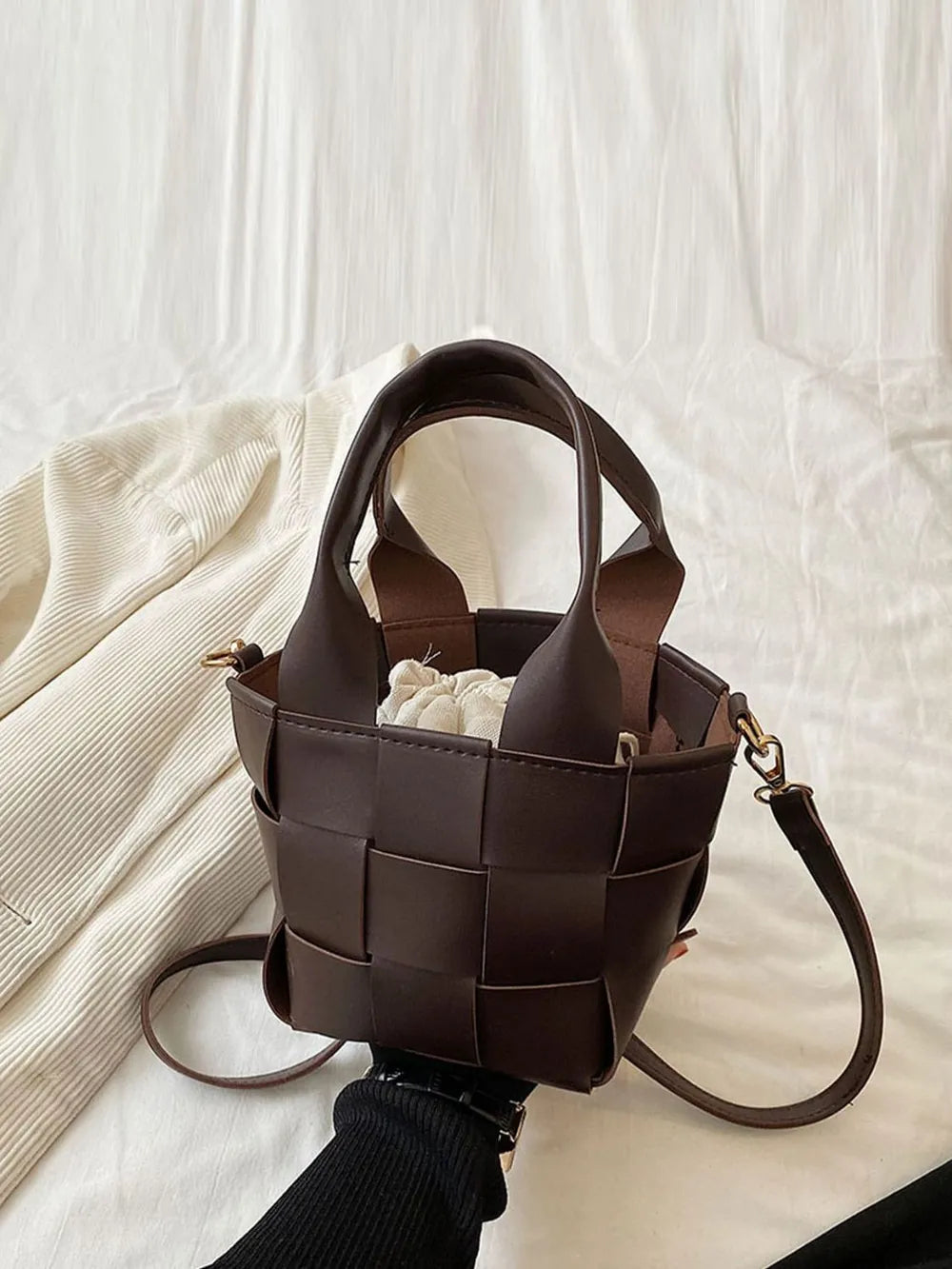 PU Leather Braided Bucket Bag - Tote Bag by Trendsi | Available at Handbags Specialist Headquarter