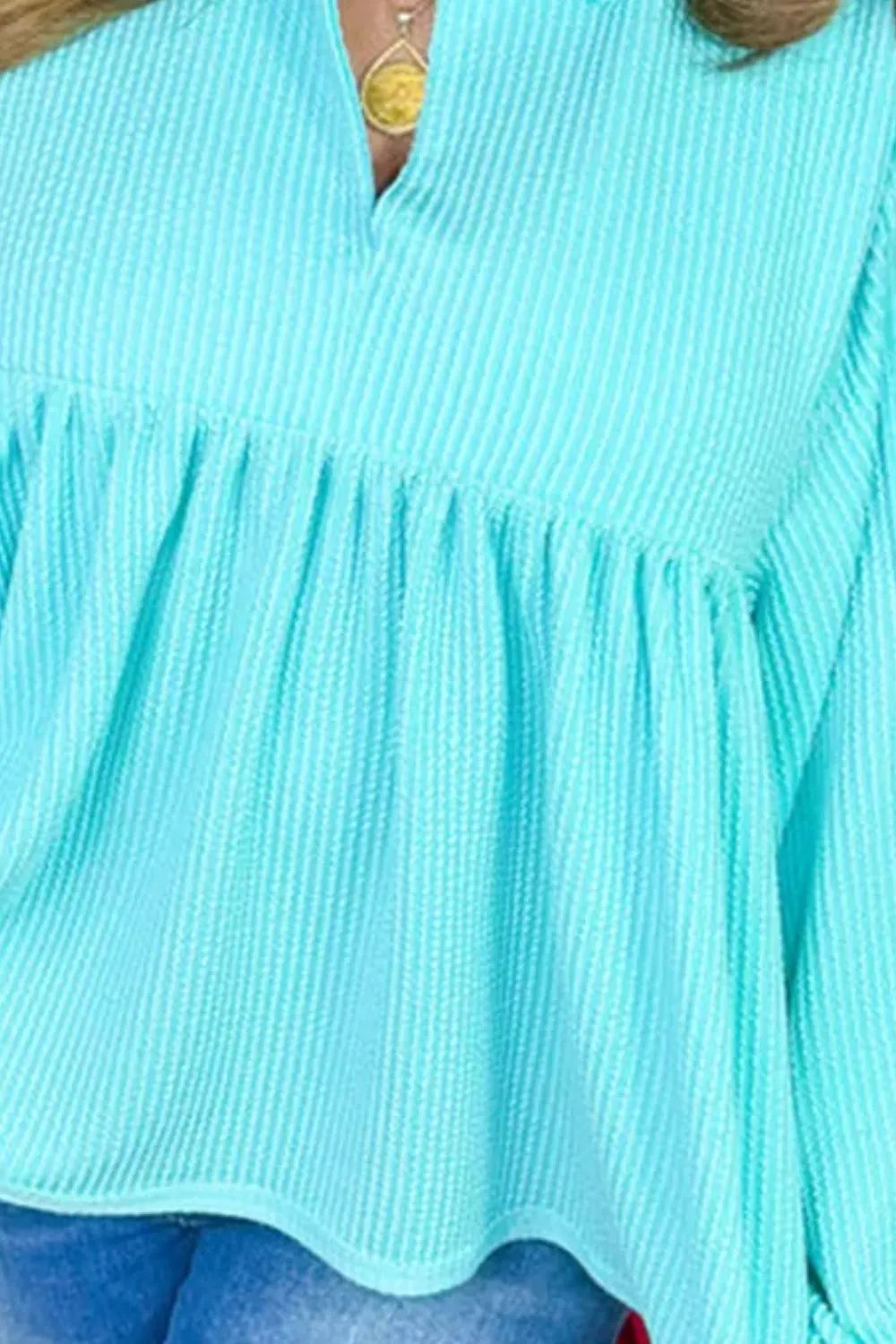 Plus Size Textured Peplum Long Sleeve Blouse - Plus Size Shirts by Trendsi | Available at Handbags Specialist Headquarter