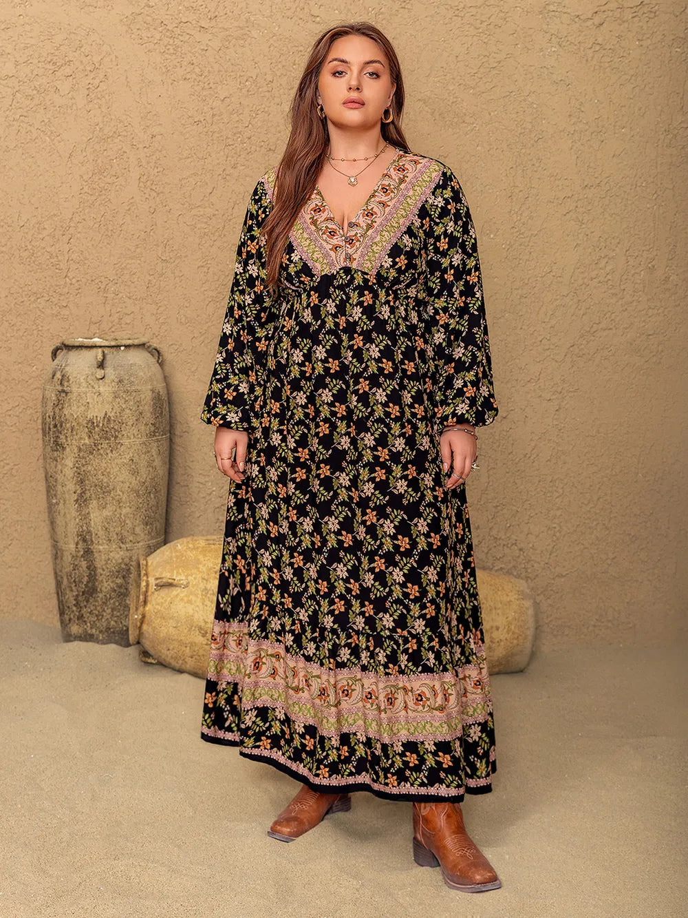 Plus Size Floral V-Neck Balloon Sleeve Dress - Dresses by Trendsi | Available at Handbags Specialist Headquarter