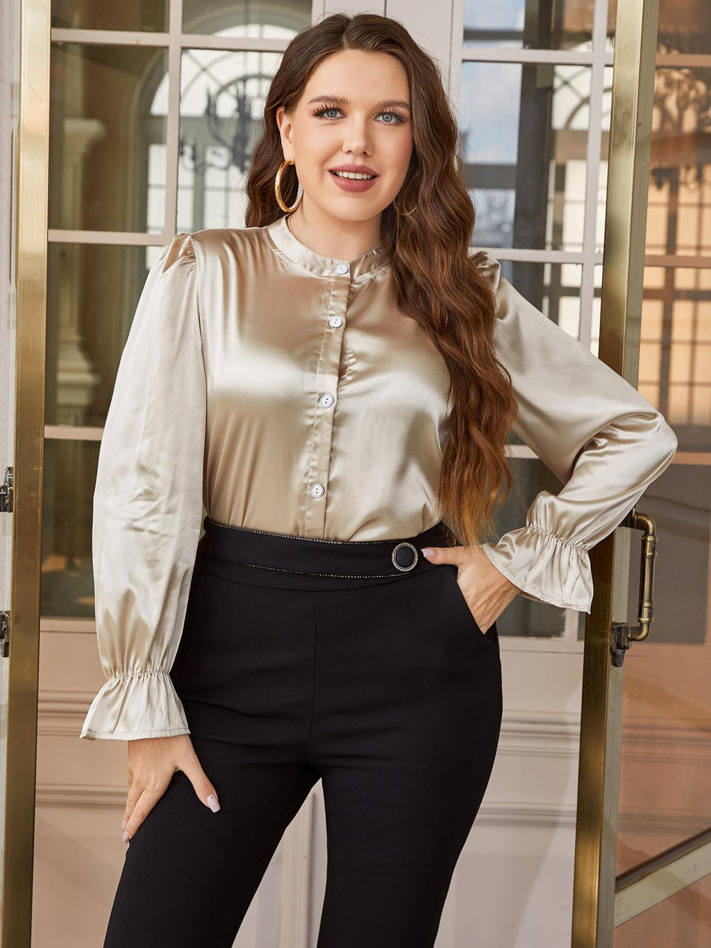 Plus Size Flounce Sleeve Band Collar Shirt - Plus Size Shirts by Trendsi | Available at Handbags Specialist Headquarter