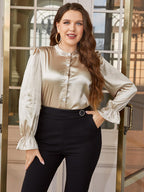 Plus Size Flounce Sleeve Band Collar Shirt - Plus Size Shirts by Trendsi | Available at Handbags Specialist Headquarter