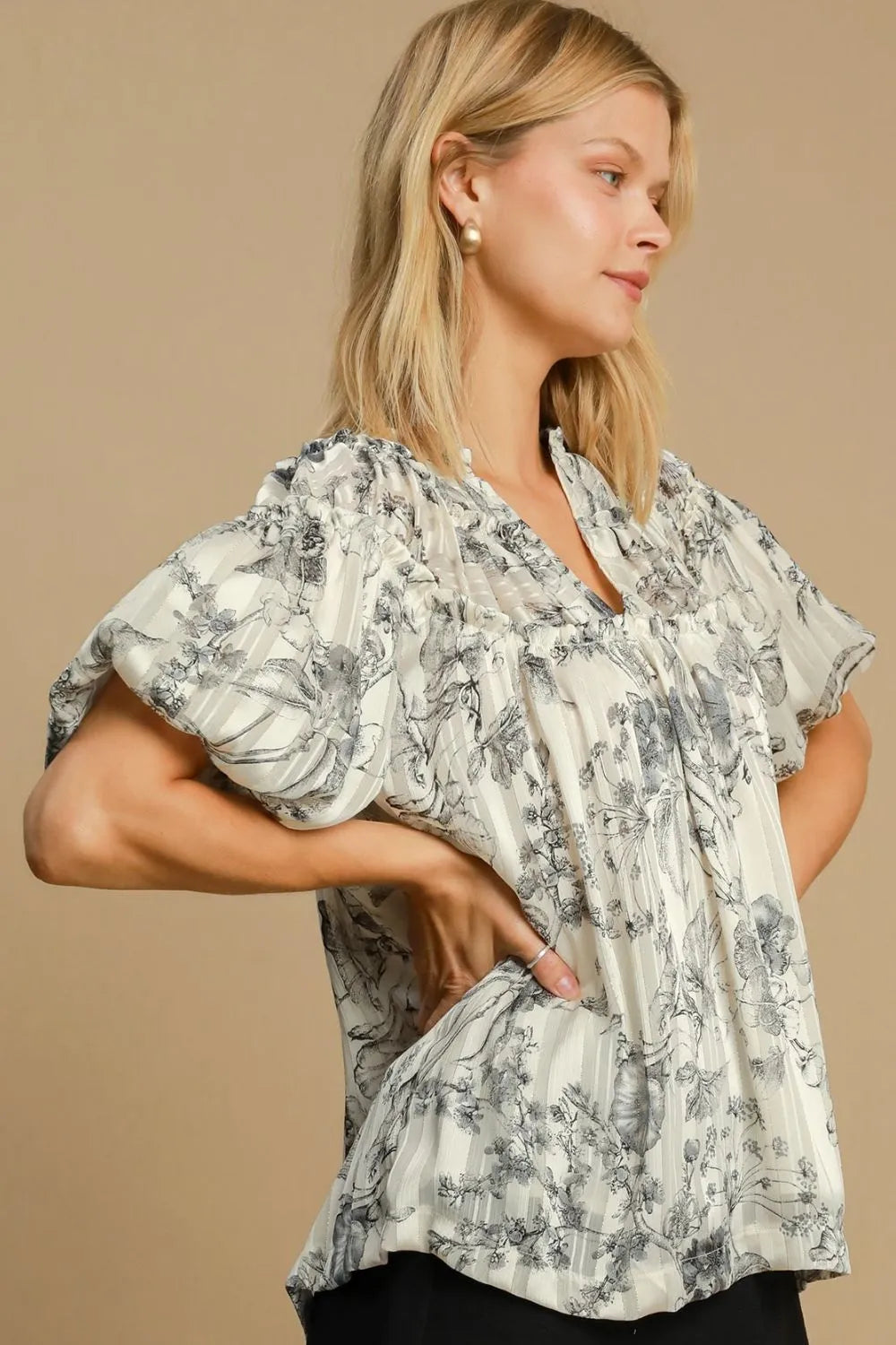 Umgee Full Size Floral Print Metallic Ruffle Blouse Plus Size - Dresses by Trendsi | Available at Handbags Specialist Headquarter