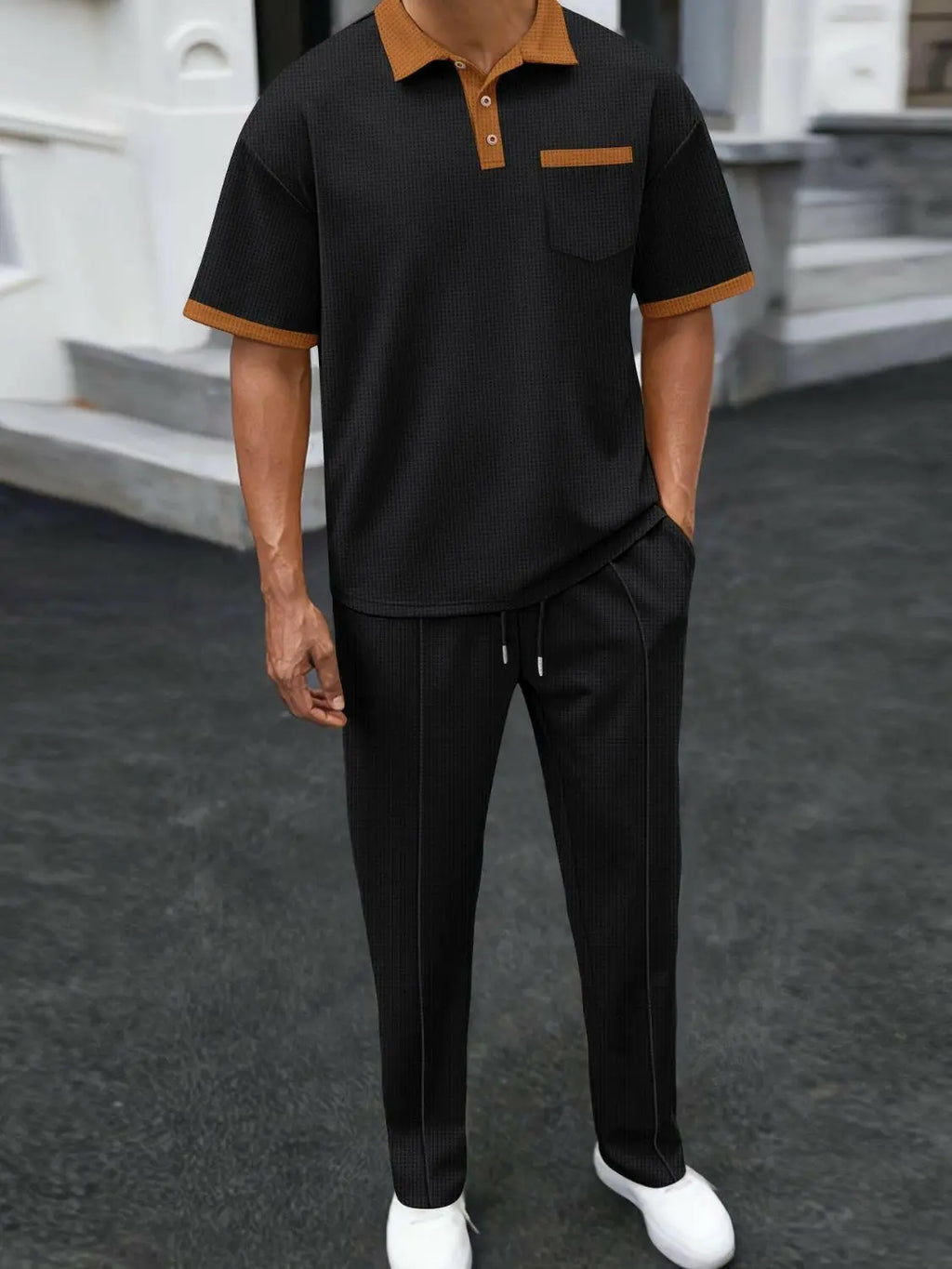 Men's Full Size Waffle-Knit Contrast Polo and Pants Set Plus Size - Men's Sets by Trendsi | Available at Handbags Specialist Headquarter