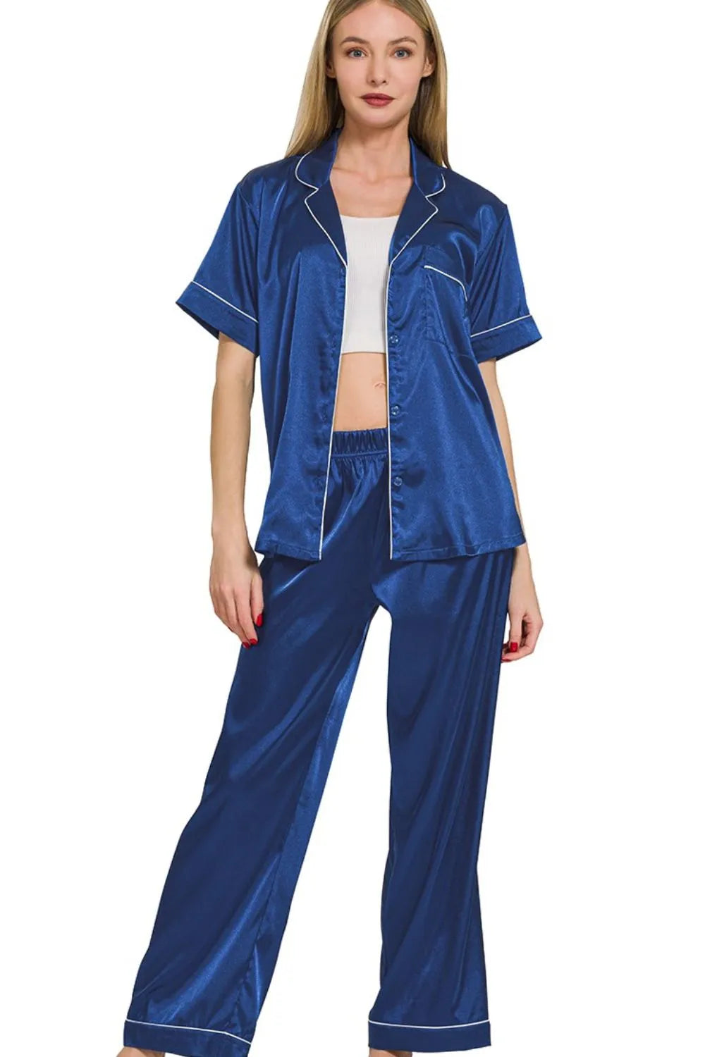 Zenana Satin Short Sleeve Top and Pants Pajama Set - Sleepwear by Trendsi | Available at Handbags Specialist Headquarter