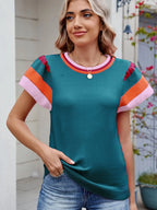 Colorblock Striped Short Sleeve Sweater - Tops by Trendsi | Available at Handbags Specialist Headquarter